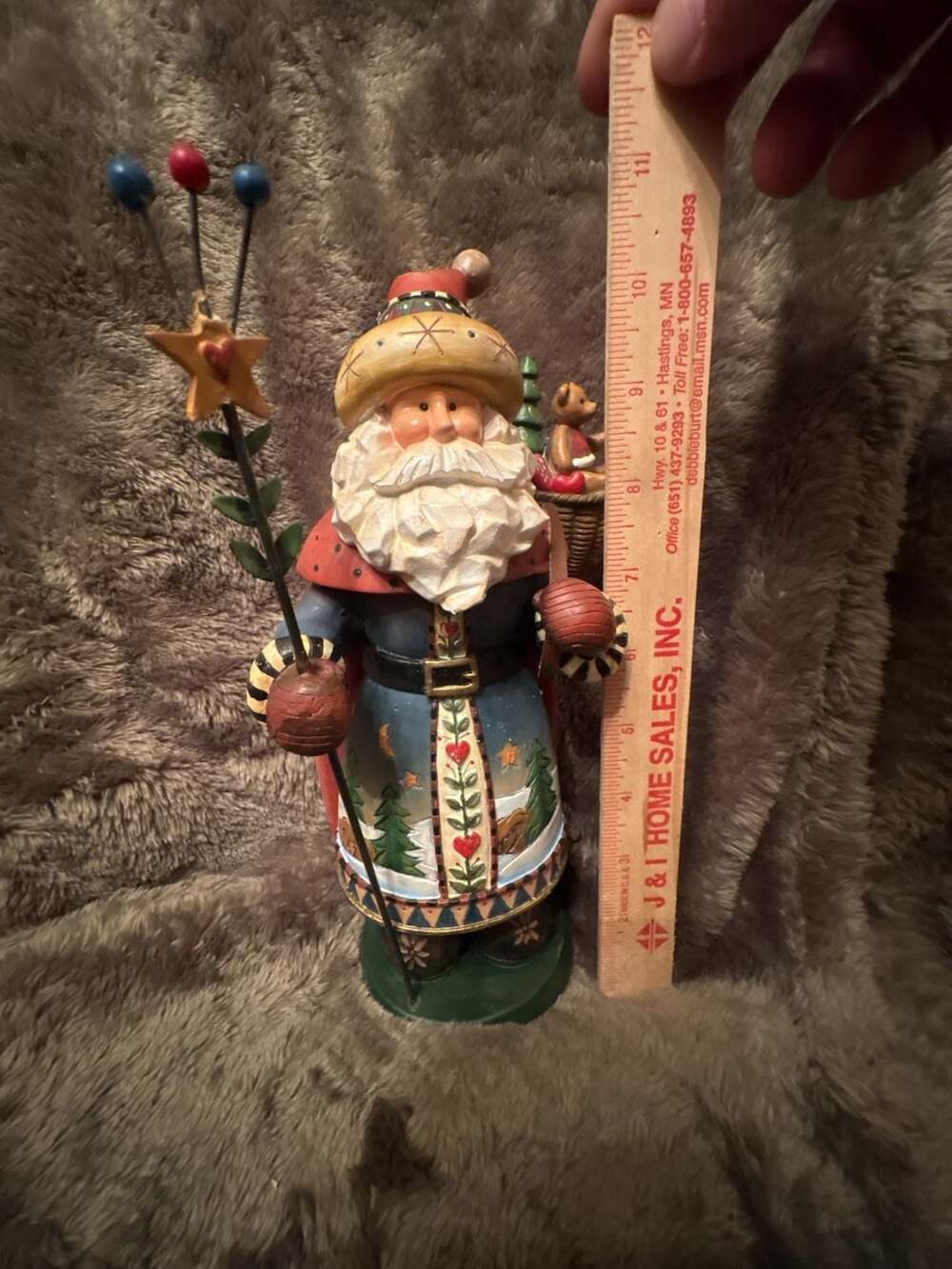 Folk Art Santa Claus Figurine With Staff And Bear Basket Christmas Decor
